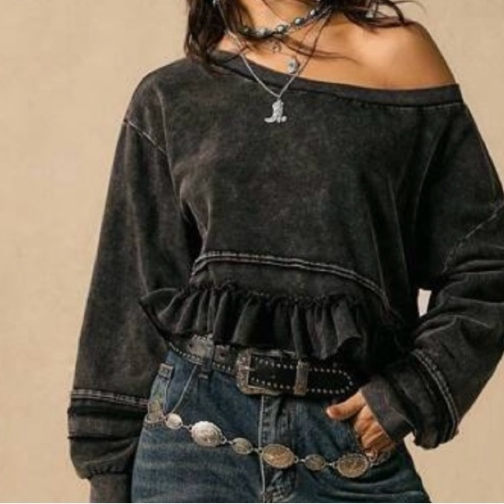 Black Off-Shoulder Ruffle Top - Picture 7 of 13